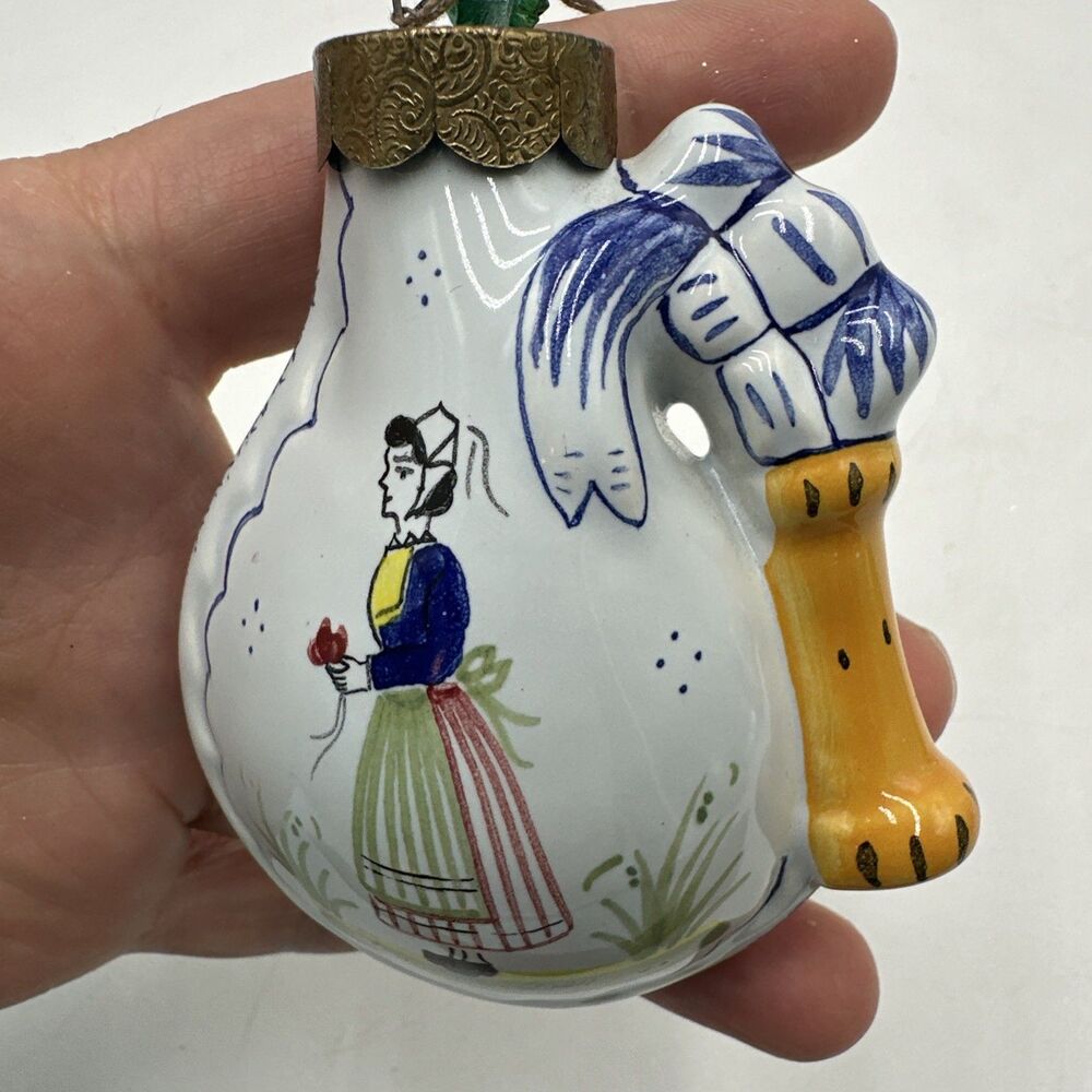 Rare HenRiot Quimper Christmas Ornament Noel 1992 Peasant Girl Holding Flower